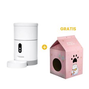 Qhalitech Comedero Automático con Cámara y Visión Nocturna + GRATIS Casa Rascador de Cartón Rosado