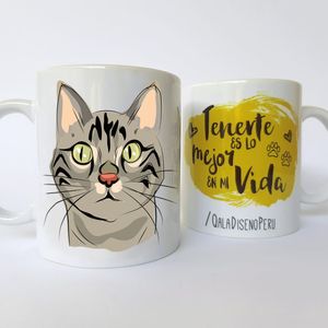 Qala Diseño Taza 11 Oz de Gato Atigrado Gris