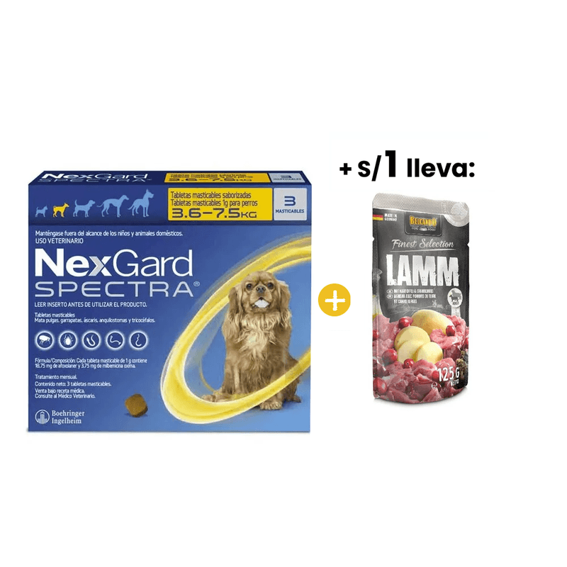 Nexgard Spectra S -3.5-7.5 Kg- x 3 Tabletas + 1sol Belcando Cordero con Papas y Arandanos Pouch 125 Gr.png