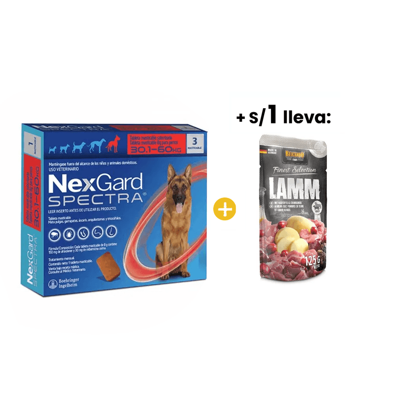 Nexgard Spectra XL -30-60 Kg- x 3 Tabletas + 1sol Belcando Cordero con Papas y Arandanos Pouch 125 Gr.png