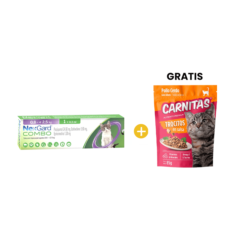 Nexgard Combo Gato + 2.5 Kg x 1 Pipeta + GRATIS Carnitas Ap Gato Trocitos En Salsa Polllo Cerdo x 85g.png