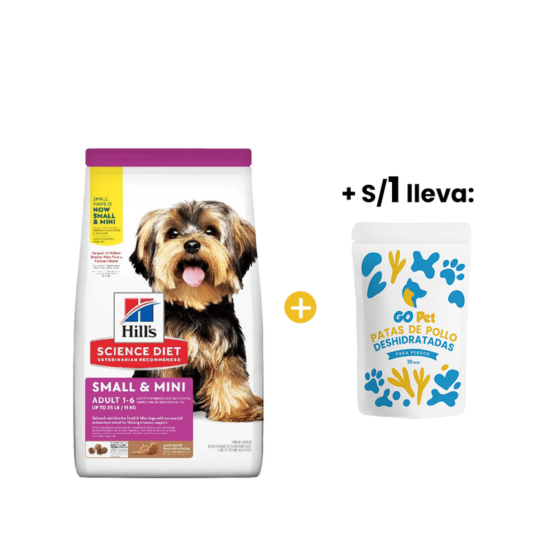 Hills SD Canine Adult Lamb - Rice Small - Mini 2 kg -Adulto Rz. Pequenas y Mini - Cordero +1sol Snacks Patas de Pollo - Bolsa x 10 und