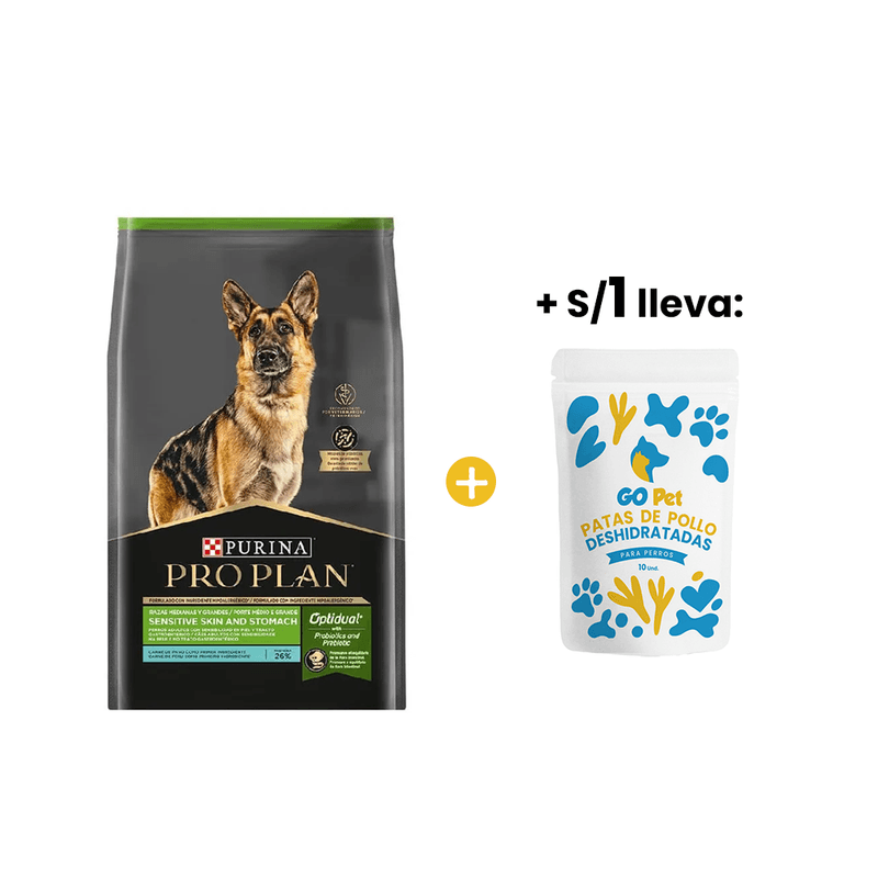 Pro Plan Sensitive Skin and Stomach 12 kg - Pavo Adulto Razas Medianas y Grandes +1sol Snacks Patas de Pollo - Bolsa x 10 und