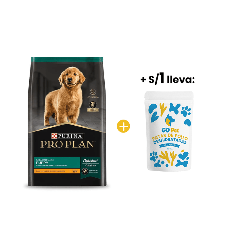 Pro Plan Puppy Complete 15 Kg - Cachorro Raza Mediana +1sol Snacks Patas de Pollo - Bolsa x 10 und