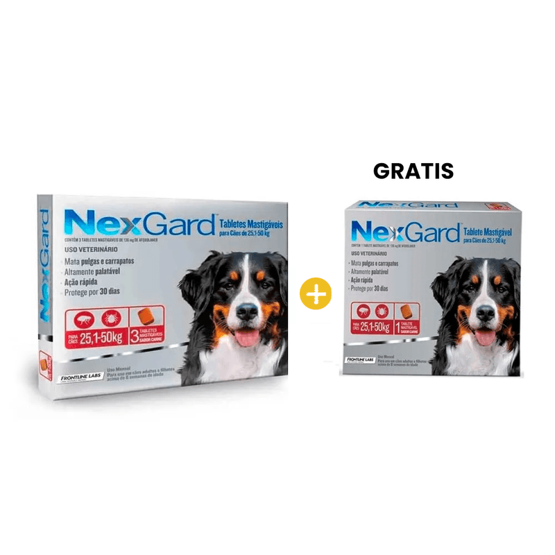 Nexgard 136 mg Perros -25.1 Kg a 50 Kg- x 3 Tabletas + GRATIS Nexgard 136 mg Perros -25.1 Kg a 50 Kg-