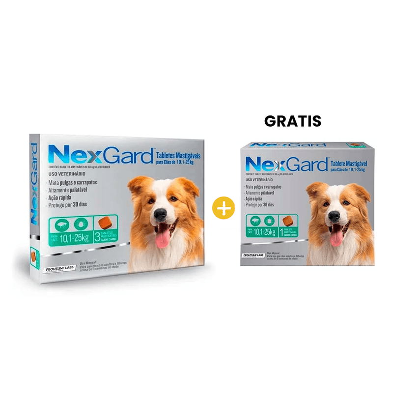 Nexgard 68 mg Perros -10.1 Kg a 25 Kg- x 3 Tabletas + GRATIS Nexgard 68 mg Perros -10.1 Kg a 25 Kg- x