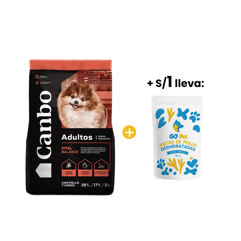 Canbo Balance Pollo Adultos Razas Pequenas 7 Kg +1sol Snacks Patas de Pollo - Bolsa x 10 und