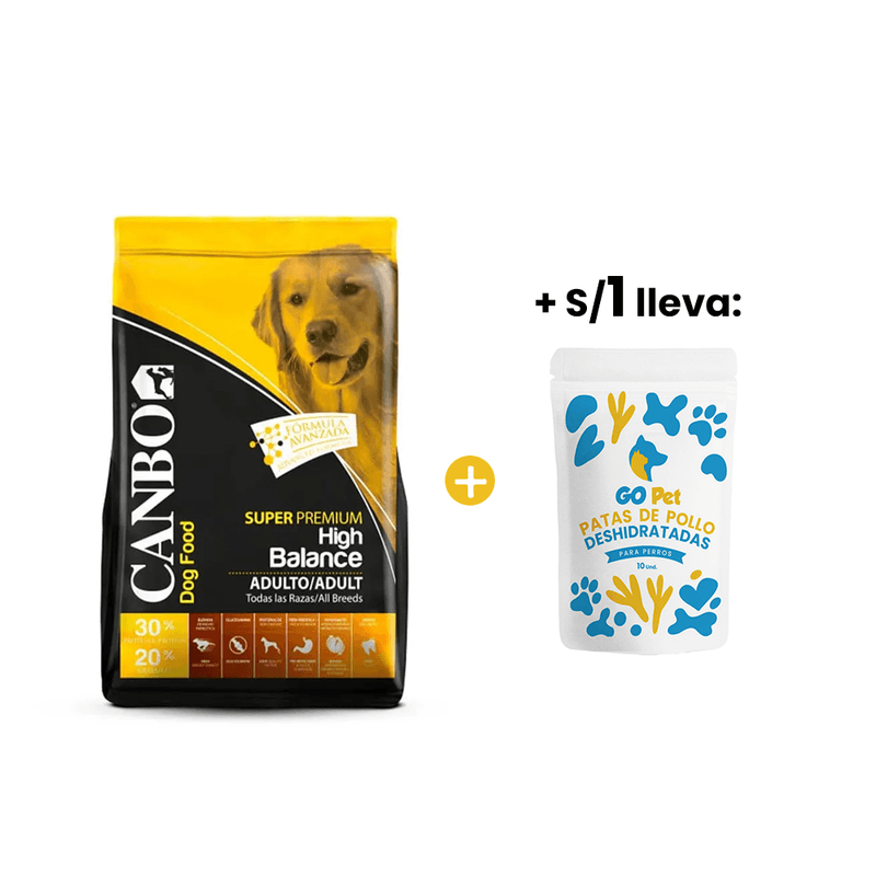 Canbo High Balance Todas las Razas 15 Kg +1sol Snacks Patas de Pollo - Bolsa x 10 und
