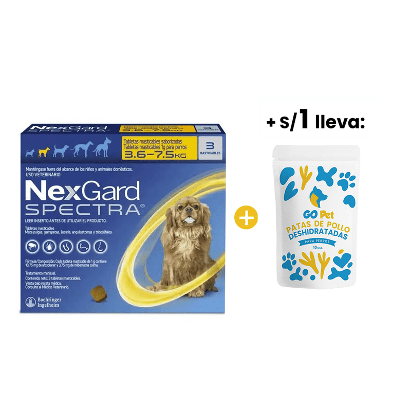 Nexgard Spectra S -3.5-7.5 Kg- x 3 Tabletas + 1sol Go Pet Patas de Pollo Deshidratadas x 10 Und