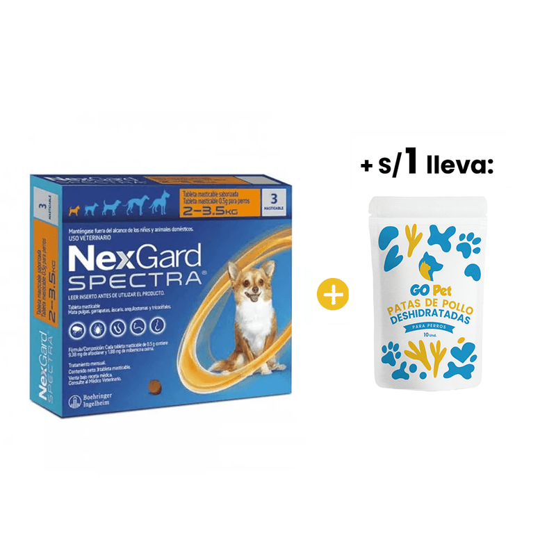 Nexgard Spectra XS -2-3.5 Kg- x 3 Tabletas + 1sol Go Pet Patas de Pollo Deshidratadas x 10 Und