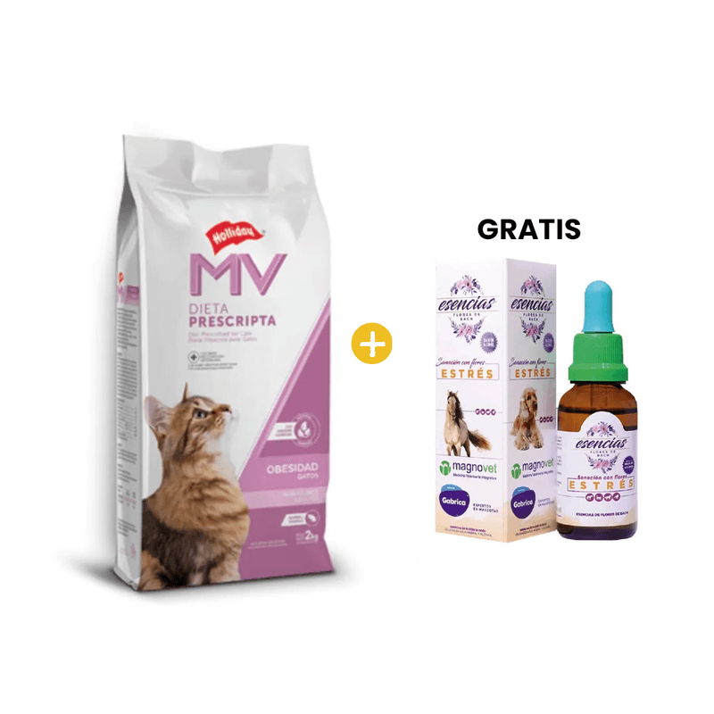 Holliday MV Feline Obesidad 2 kg + GRATIS Esencia Floral Estre╠us Gotas 30 Ml - Flores de Bach