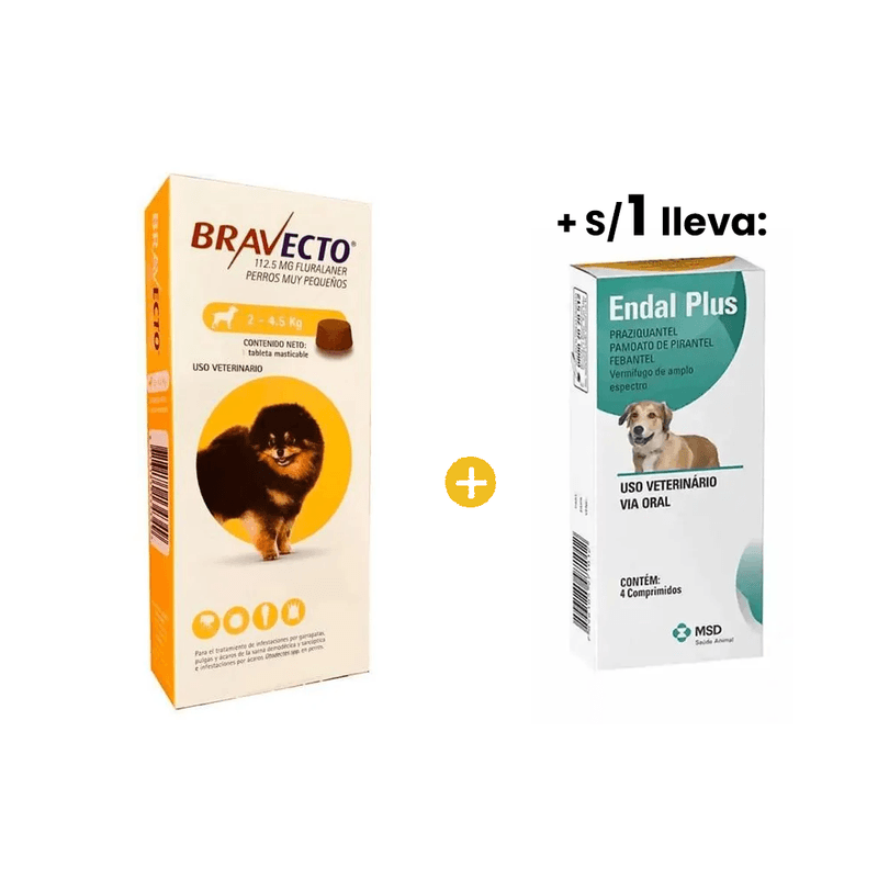Bravecto Antipulgas para Perro Masticable 2.0 - 4.5 Kg + 1sol Endal Plus Antiparasitario - Caja X