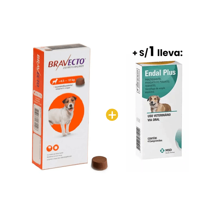 Bravecto Antipulgas para Perro Masticable 4.5 - 10 Kg + 1sol Endal Plus Antiparasitario - Caja X 4