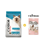 Canbo Sterilized Care - Cuidado Esterilizado 7 kg + 1sol Kissito Cremosito Atu╠un y Salmo╠un 14 Gr x 4 Und - Snack para Gato
