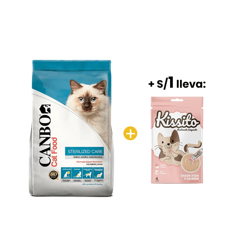 Canbo Sterilized Care - Cuidado Esterilizado 7 kg + 1sol Kissito Cremosito Atu╠un y Salmo╠un 14 Gr x 4 Und - Snack para Gato