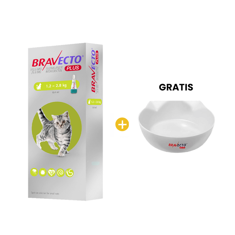 Bravecto Plus Antipulgas para Gato Pipeta 112.5 mg 1.2 Kg - 2.8 Kg + GRATIS Plato para Gato Bravecto_