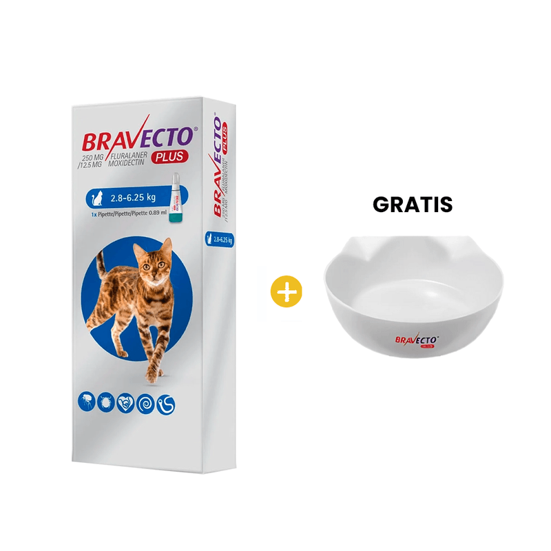 Bravecto Plus Antipulgas para Gato Pipeta 250 mg 2.8 Kg - 6.25 Kg + GRATIS Plato para Gato Bravecto_