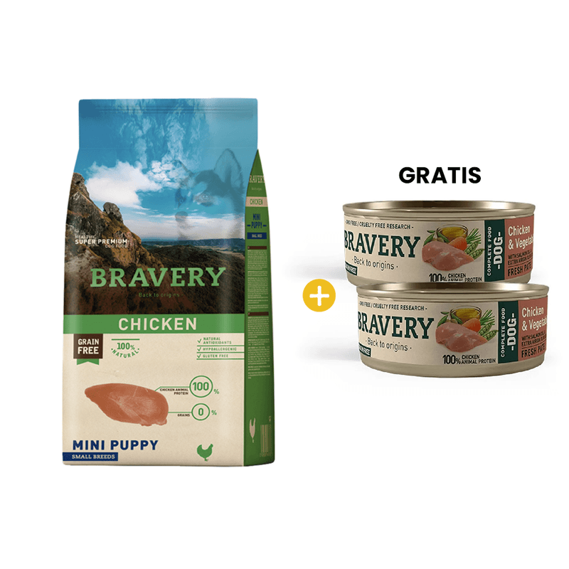 Bravery Chicken Mini Puppy Small Breeds - Cachorro Pollo Raza Pequena y Mini 7 kg + GRATIS 2 Bravery Chicken - Vegetables Adult Dog Wet Food 80 Gr - Perro Adulto- Pollo