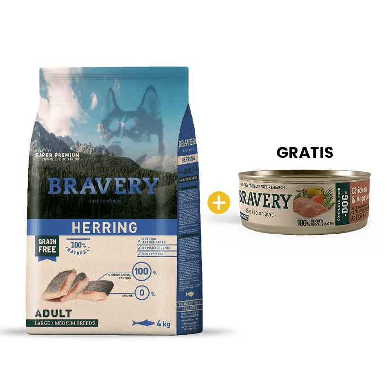 Bravery Herring Adult Large_Medium Breeds 4 Kg - Arenque Adulto Rz. Med_Grande + GRATIS 1 Bravery Chicken - Vegetables Adult Dog Wet Food 80 Gr - Perro Adulto- Pollo