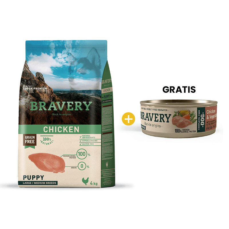 Bravery Chicken Puppy Large_Medium Breeds - Cachorro Pollo Raza Mediana_Grande 4 kg + GRATIS 1 Bravery Chicken - Vegetables Adult Dog Wet Food 80 Gr - Perro Adulto- Pollo