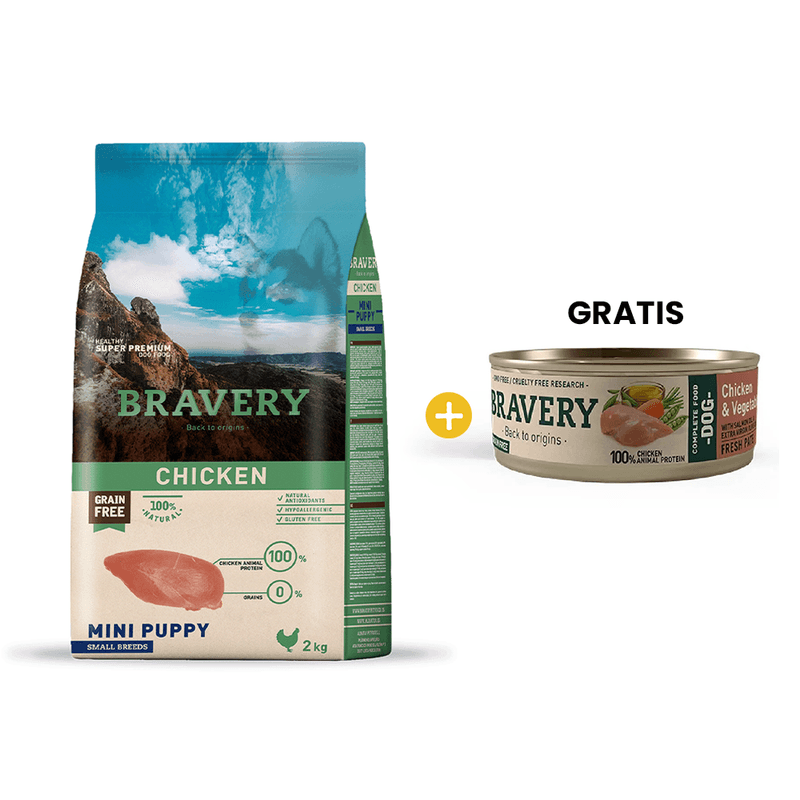 Bravery-Chicken-Mini-Puppy-Small-Breeds---Cachorro-Pollo-Raza-Pequena-y-Mini-2-kg---GRATIS-1-Bravery-Chicken---Vegetables-Adult-Dog-Wet-Food-80-Gr---Perro-Adulto--Pollo