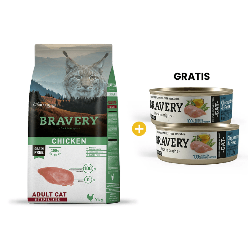 Bravery Chicken Adult Cat Sterilized - Gato Adulto Esterilizado Pollo 7 kg + GRATIS 2 Bravery Chicken - Peas Adult Cat Wet Food 70 Gr - Gato Adulto - Pollo
