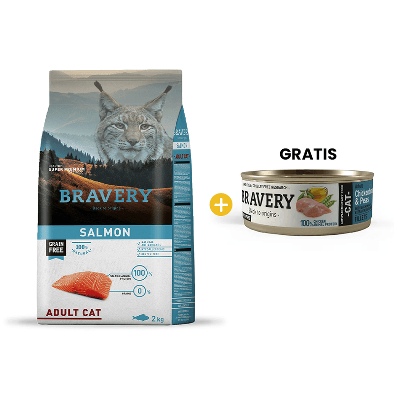 Bravery Salmon Adult Cat - Gato Adulto Salmo╠un 2 kg + GRATIS 1 Bravery Chicken - Peas Adult Cat Wet Food 70 Gr - Gato Adulto - Pollo