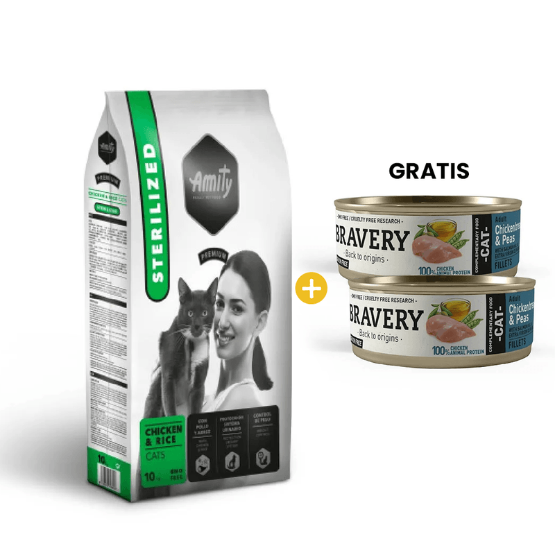 Amity Premium Cats Chicken - Rice Sterilized 10 Kg - Gato Adulto Esterilizado - Pollo + GRATIS 2 Bravery Chicken - Peas Adult Cat Wet Food 70 Gr - Gato Adulto - Pollo