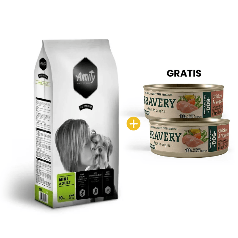 Amity Premium Mini Adult 10 Kg - Adulto Razas Pequenas + GRATIS 2 Bravery Chicken - Vegetables Adult Dog Wet Food 80 Gr - Perro Adulto- Pollo