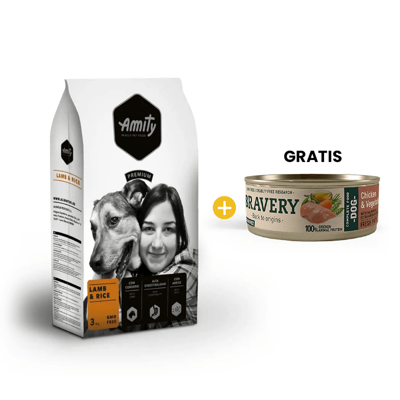 Amity Premium Lamb - Rice 3 Kg -  Adulto Todas las Razas - Cordero + GRATIS 1 Bravery Chicken - Vegetables Adult Dog Wet Food 80 Gr - Perro Adulto- Pollo