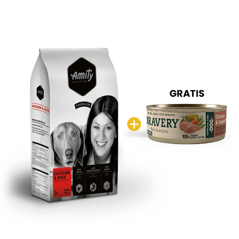 Amity Premium Chicken - Rice 3 Kg - Adulto Todas las Razas - Pollo + GRATIS 1 Bravery Chicken - Vegetables Adult Dog Wet Food 80 Gr - Perro Adulto- Pollo