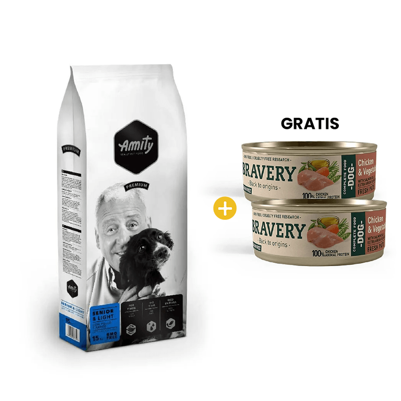 Amity Premium Senior - Light 15 Kg - Adulto Mayor Todas las Razas + GRATIS 2 Bravery Chicken - Vegetables Adult Dog Wet Food 80 Gr - Perro Adulto- Pollo