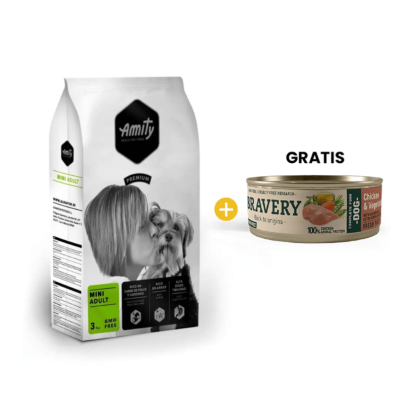 Amity Premium Mini Adult 3 Kg - Adulto Razas Pequenas + GRATIS 1 Bravery Chicken - Vegetables Adult Dog Wet Food 80 Gr - Perro Adulto- Pollo