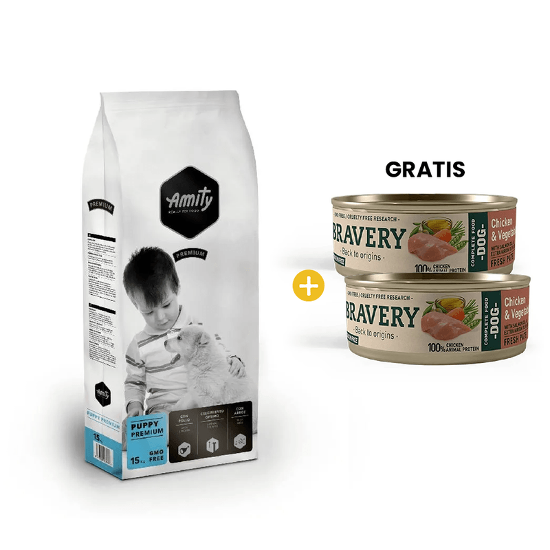 Amity Premium Puppy 15 Kg - Cachorro Todas las Razas + GRATIS 2 Bravery Chicken - Vegetables Adult Dog Wet Food 80 Gr - Perro Adulto- Pollo