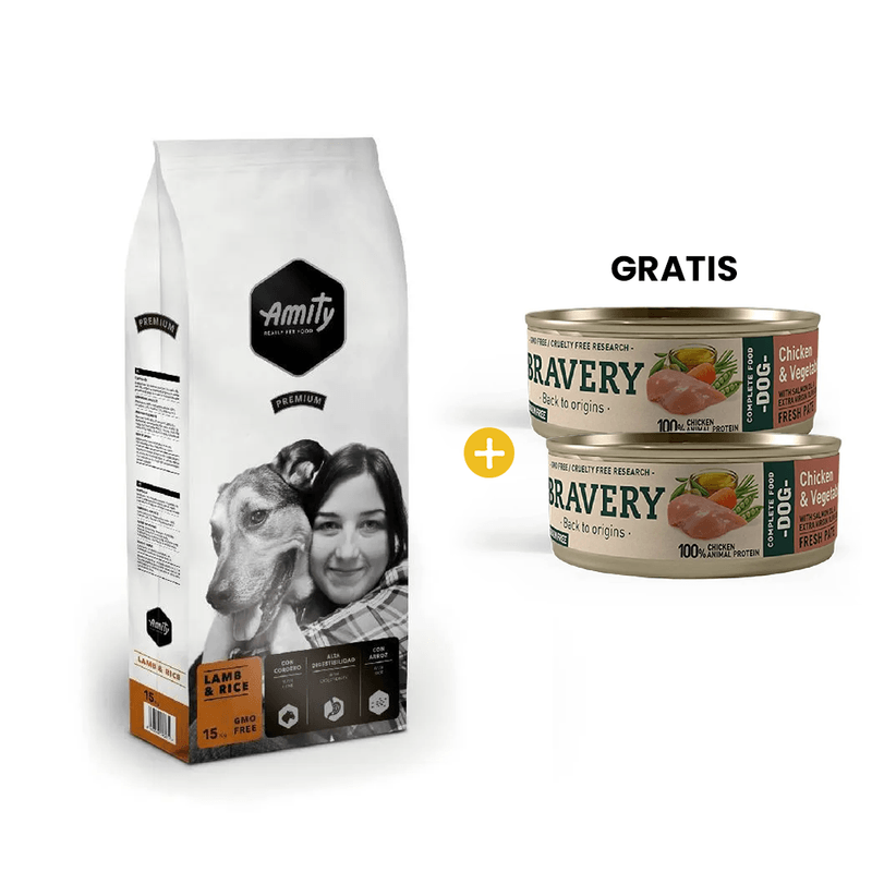Amity Premium Lamb - Rice 15 Kg -  Adulto Todas las Razas - Cordero + GRATIS 2 Bravery Chicken - Vegetables Adult Dog Wet Food 80 Gr - Perro Adulto- Pollo