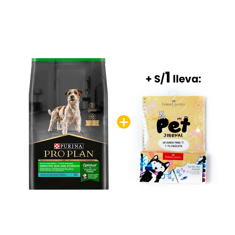 Pro Plan Sensitive Skin and Stomach 3 kg - Pavo Adultos Razas Pequenas + 1sol Libreta De Actividades Pet Journal Diario Mascota Perro