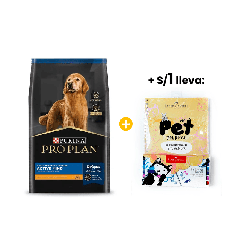 Pro Plan Adult 7+ Active Mind 3Kg - Adulto Raza MedGrande Mayor de 7 anos + 1sol Libreta De Actividades Pet Journal Diario Mascota Perro