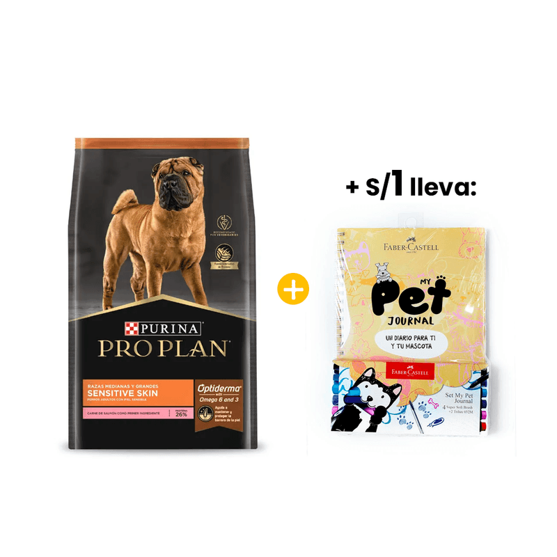 Pro Plan Adult Sensitive 3 Kg - Adulto Raza MedGrande Sensible + 1sol Libreta De Actividades Pet Journal Diario Mascota Perro