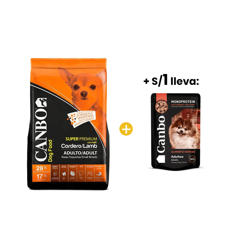 Canbo Cordero Adulto Razas Pequenas 7 Kg + 1sol Canbo Monoprotein Trocitos en Salsa de Cordero Adulto Todas las Razas Pouch 100g