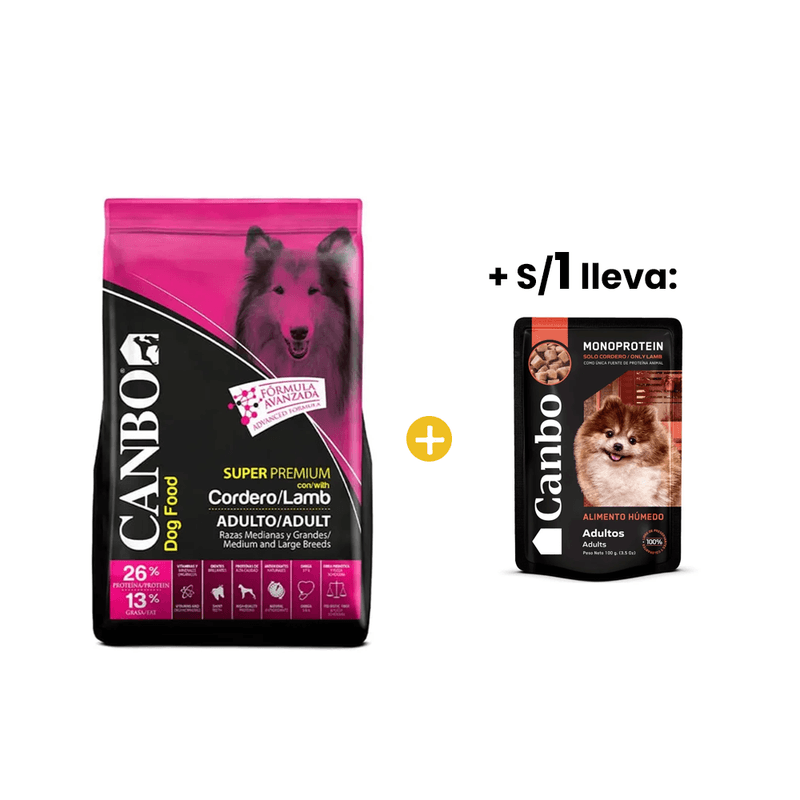 Canbo Cordero Adulto Razas Medianas y Grandes 15 Kg + 1sol Canbo Monoprotein Trocitos en Salsa de Cordero Adulto Todas las Razas Pouch 100g