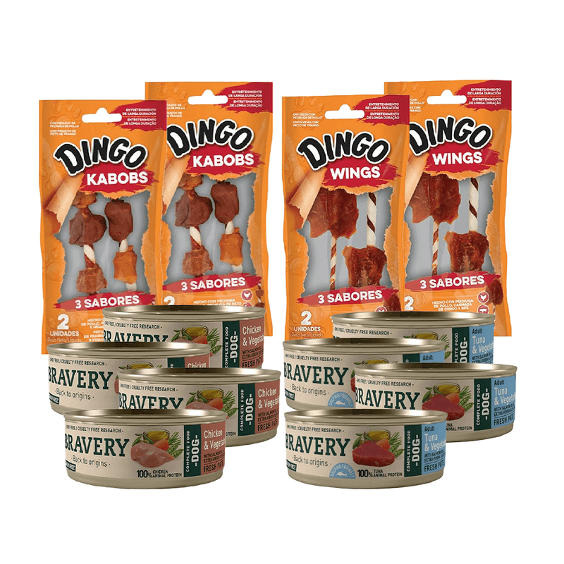 Barvery Pack 4 Latas Bravery Chicken, 4 Latas Bravery Tuna, 2 Dingo Wings y 2 Dingo Kabobs