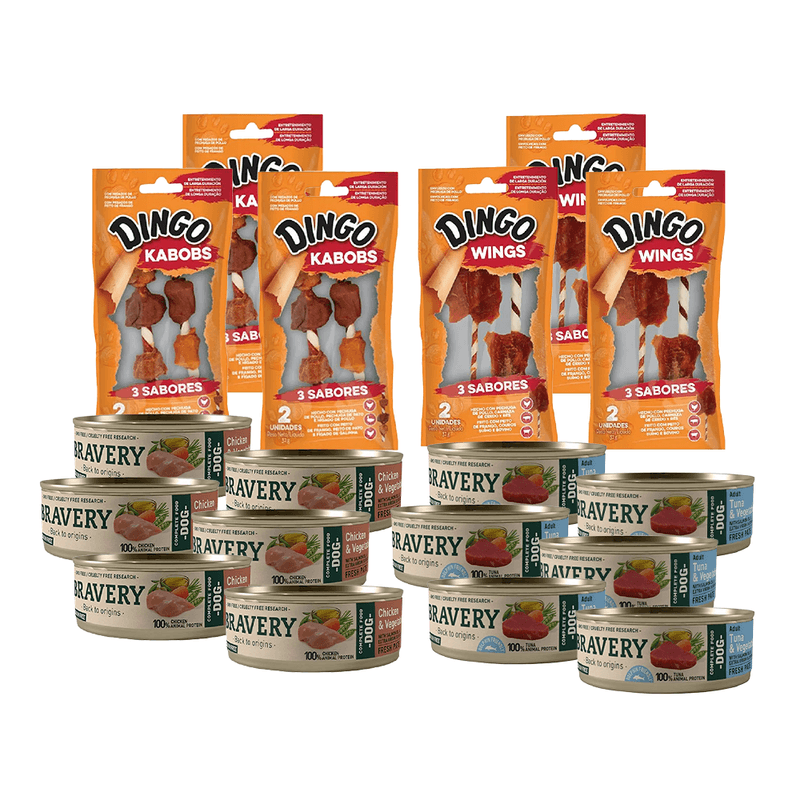 Bravery Packs 6 Latas Bravery Chicken, 6 Latas Bravery Tuna, 3 Dingo Wings y 3 Dingo Kabobs