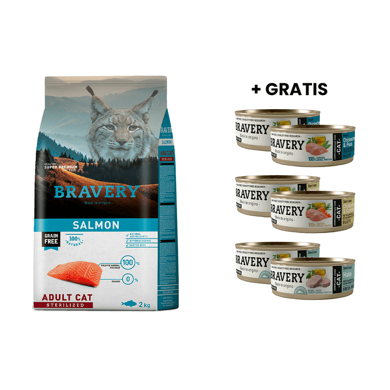 Bravery Salmon Adult Cat Sterilized 2 kg + GRATIS 6 Latas Bravery Gato