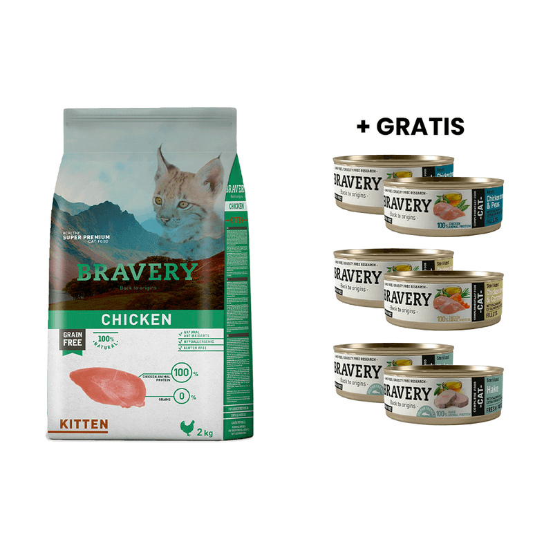 Bravery Chicken Kitten - Gatito Pollo 2 kg + GRATIS 6 Latas Bravery Gato