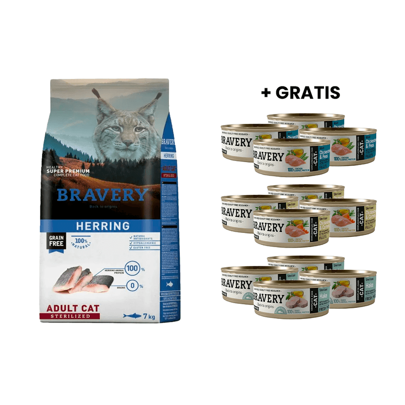 Bravery Herring Adult Cat Sterilized 7 kg - Arenque Gato Adulto Esterilizado + GRATIS 12 Latas Bravery Gato
