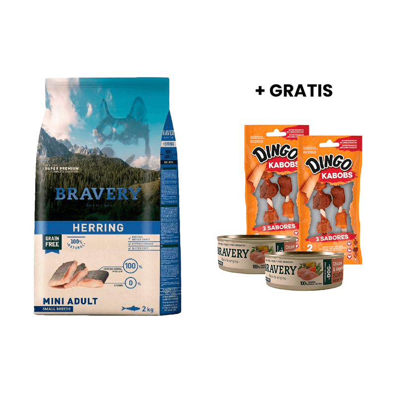 Bravery Herring Mini Adult Small Breeds 2 Kg - Arenque Adulto Rz. Pequena y Mini + GRATIS 2 Latas Bravery Perro y 2 Snacks Dingo