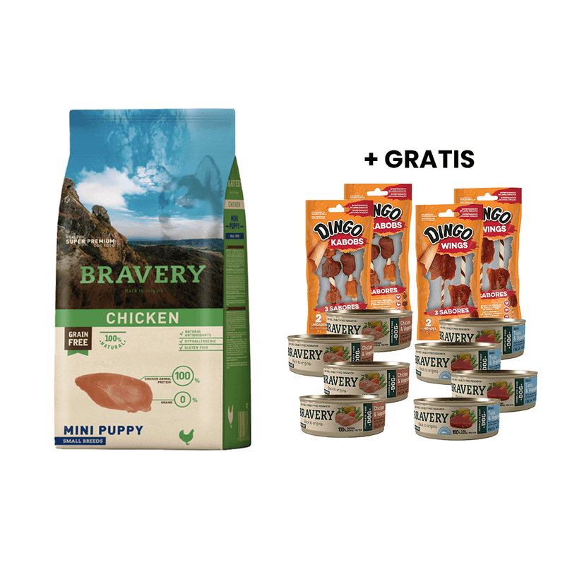 Bravery Chicken Mini Puppy Small Breeds 7 kg + GRATIS 8 Latas Bravery Perro y 4 Snacks Dingo