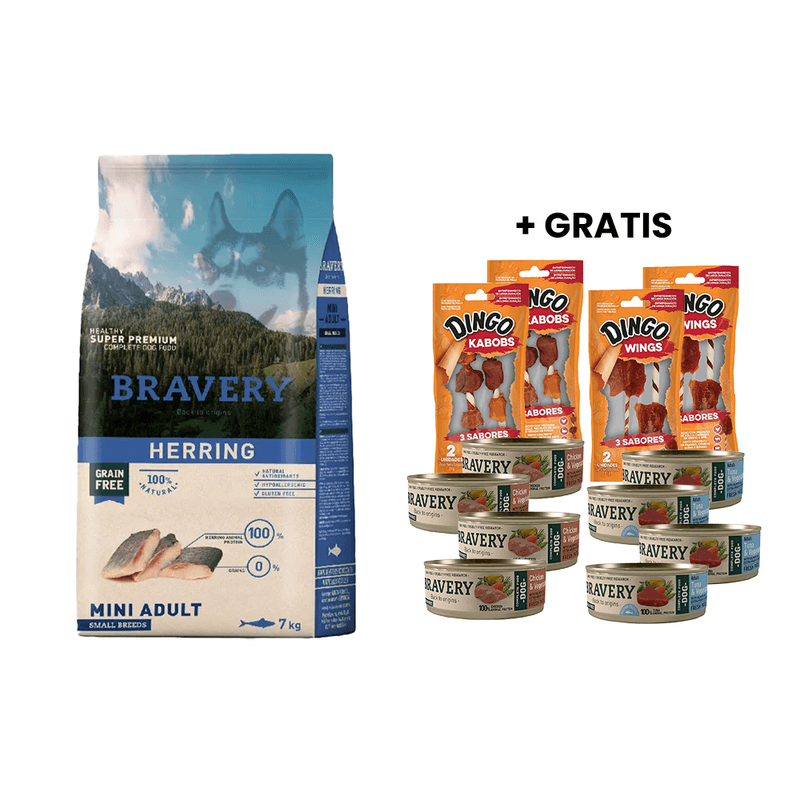 Bravery Herring Mini Adult Small Breeds 7 Kg - Arenque Adulto Rz. Pequena y Mini + GRATIS 8 Latas Bravery Perro y 4 Snacks Dingo