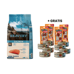 Bravery Salmon Mini Puppy Small Breeds 7 kg + GRATIS 8 Latas Bravery Perro y 4 Snacks Dingo