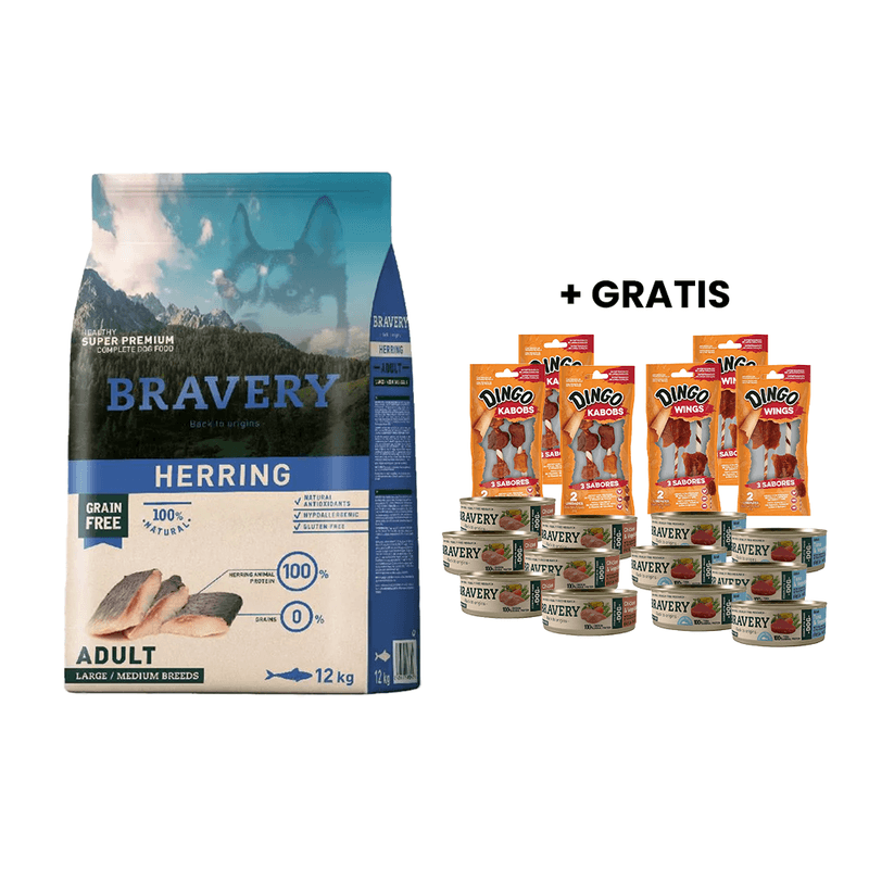 Bravery Herring Adult Large_Medium Breeds 12 Kg - Arenque Adulto Rz. Med_Grande + GRATIS 12 Latas Bravery Perro y 6 Snacks Dingo